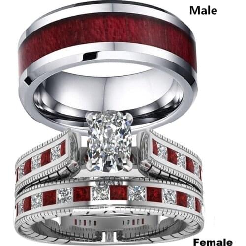 Carofeez Fashion Lovers Rings Vintage Stainless Steel Men Ring Romantic Crystal Rhinestones Ring Set Wedding Band Gift