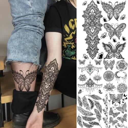 Black butterfly mandala Temporary Tattoos For Women Adult Forearm Feather pendant Realistic Fake Tattoo Sticker Body Art Tatoos
