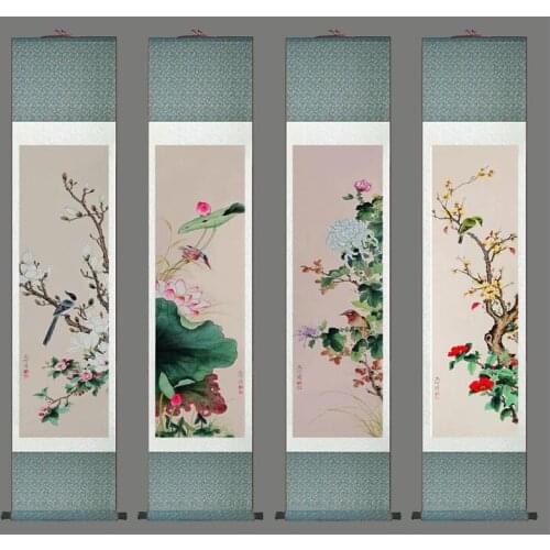 4pc/lot flower painting silk scroll painting traditional flower painting Chinese flower picture In wash painting