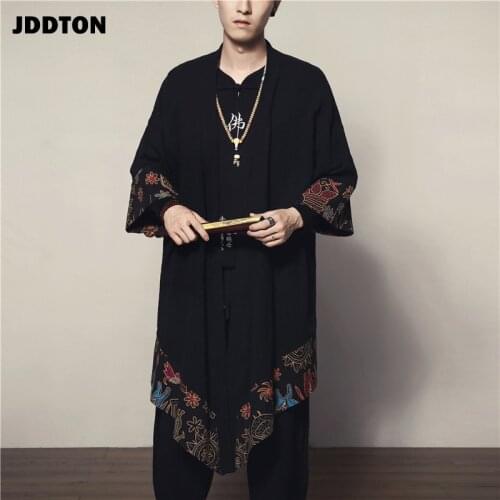 JDDTON Spring Mens Linen Kimono Long Cardigan Outerwear Coats Fashion Loose Irregular length Male Jackets Casual Overcoat JE004