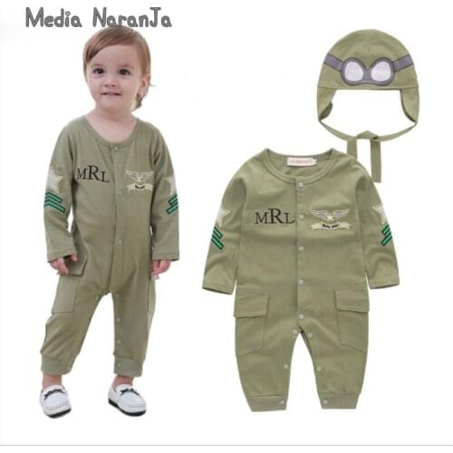 Baby Boy Infant Green Full Sleeves Pilot Aviator Romper+Hat 2pcs Set Playsuit Outfit Jumpsuit Rompers Cotton Costume