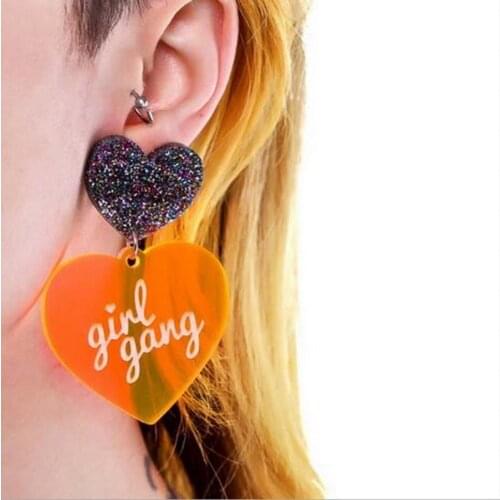 Korea Fashion Cute Gleamy Heart Letter Drop Earrings For Women Female Big Transparent orange Love Heart Acrylic Earrings E18153