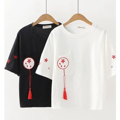 Summer Cute Girls 's Tees China Japan Asia Silk fan embroidery pocket cotton tops shirt