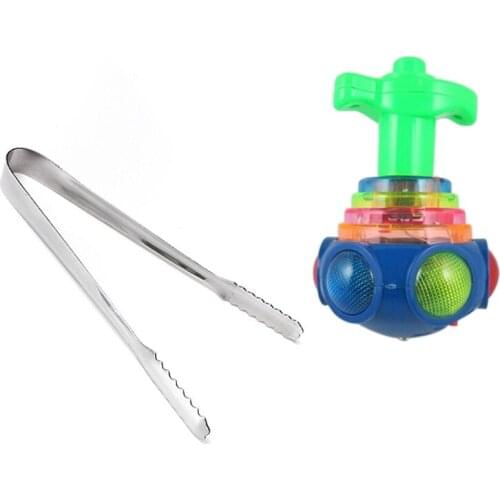 Hot Colorful Light & Music Gyro Peg-Top Spinning Tops Kids Children Toy & 6 Inch Stainless Steel Ice Tong For Barbecue Food Sala