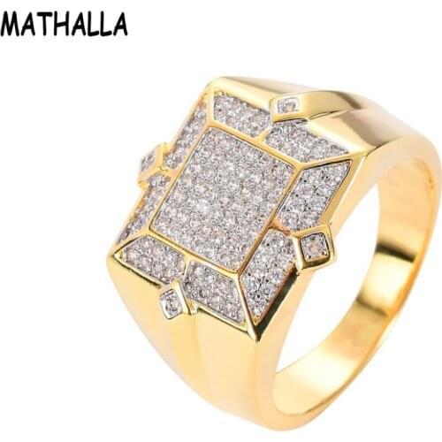 Hip Hop Men Ring Copper Gold Color Plated Iced Out Micro Pave Cubic Zircon Square Rings CZ AAA Cool Mens Women Couple