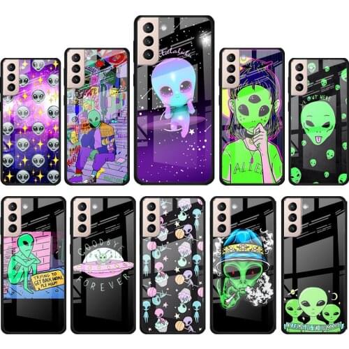 Cartoon Space Alien for Samsung Galaxy S21 Ultra Plus A72 A52 4G 5G M51 M31 M21 Luxury Tempered Glass Phone Case Cover