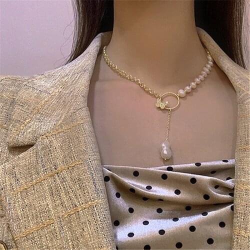 Statement Irregular Natural Pearl Necklace for Women Zircon Butterfly Gold Chain Choker Necklace Fashion Jewelry Gift 2021 New