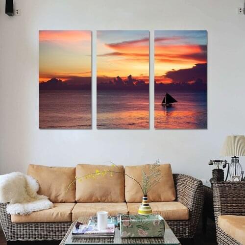 Mordern Dusk Seascape Painting Sailing Boat Oil Picture Wall Art Canvas Prints Cuadros Decoration Modular Painting 3 Panels