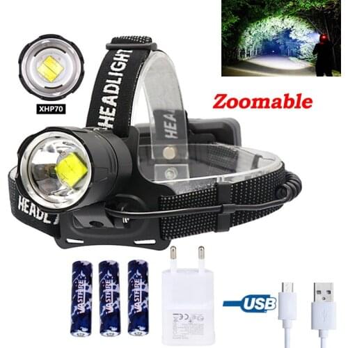 1800LM XHP70 Led Zoomable Headlight White Led Head Lamp Torch USB Rechargeable Hunting Camping Lantern Powerbank+3*18650+Charger