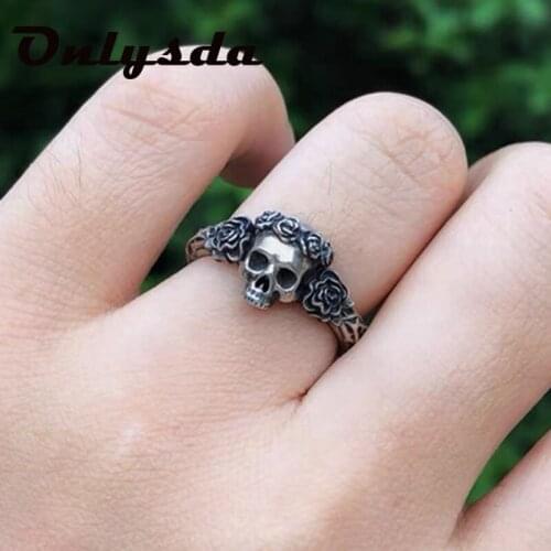 Unique Black Mens Flower Skull Ring 316L Stainless Steel Heavy Rings for Men Male Bijoux Punk Biker Fashion Party Jewelry OSR898