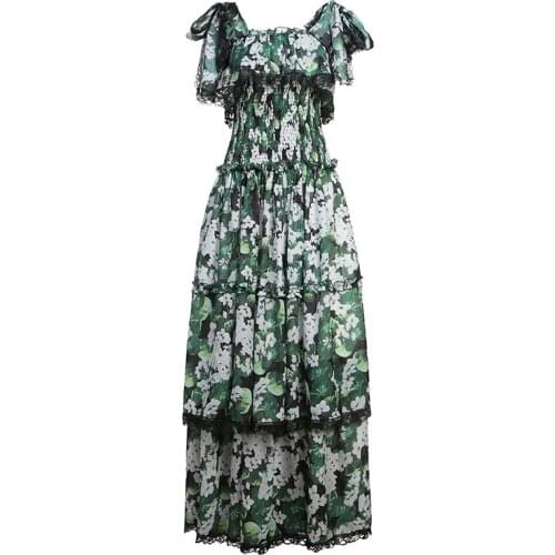 High Quality 2019 Spring New Designer Women Dress Bohemian Print Suspenders Lace Stitching Lace Elastic Waist Cake Female Dress