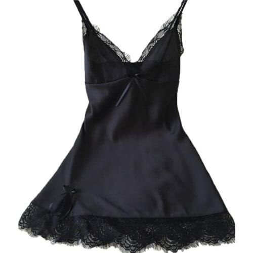 Mini Sleepwear For Women Lace Satin Silk Nightwear Free Shipping 2016 Temptation Nightgowns With Straps V-neck Sleepshirts Hot