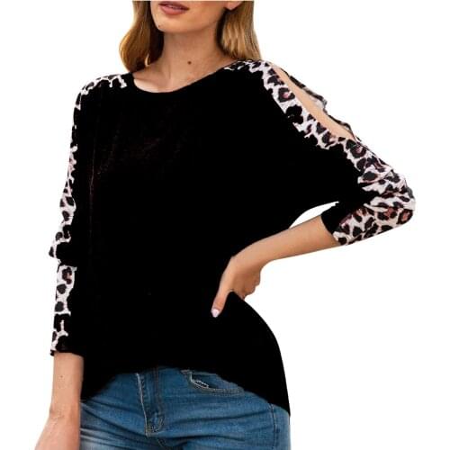 Womens Casual Stitching Leopard Print Blouse Off-shoulder Hollow Out Long-sleeved Blouse Top Shirt Блузки Женские Новинки #G3