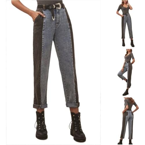 Womens Color Block Jeans 2021 Fashion Vintage High Waist Loose Wide Leg Denim Pants Straight Trousers Teen Girls Pant Fall