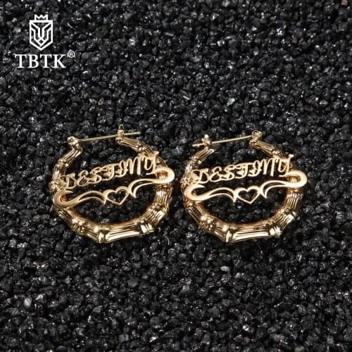 TBTK Hiphop Stainless Steel Custom Name Bamboo Earrings Personalized Letter Charm Accessories Jewelry Trendy Women Gift