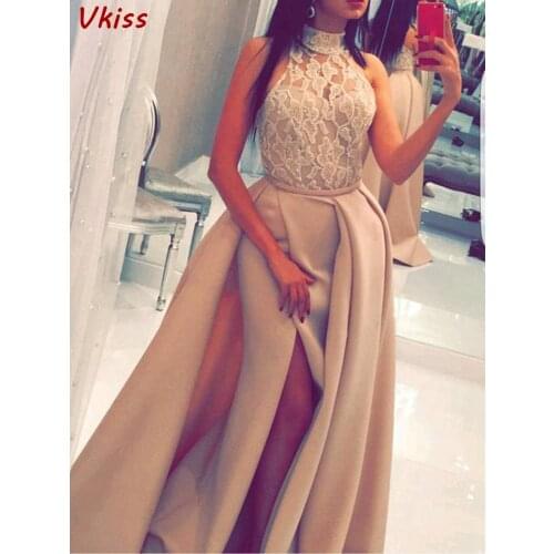 Champagne Satin Evening Dresses 2020 Women Formal Party Night Robe De Soiree Elegant Split Sexy Vestidos Long Prom Maxi Dress