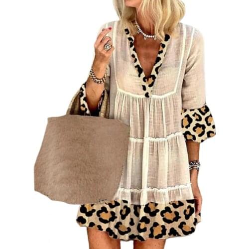 Elegant Party Dress Leopard Patchwork Women 3/4 Sleeve V Neck Dress Print Mini Dress Lady Sleeve Cotton Linen Dress for Party