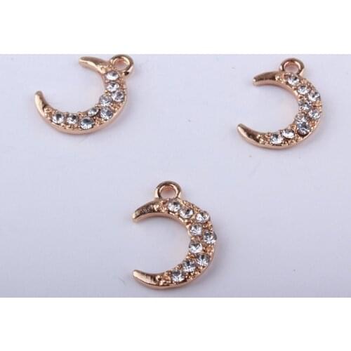 10PCS/Lot 12*17MM Crystal Rhinestone Paved Gold Tone Alloy Cartoon Moon Pendant Charms Ornament Accessories Floating Pendant