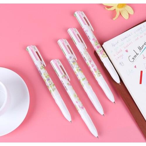 14.7cm 4 Colour Summer Flower Retractable Ballpoint Pen Black Blue Red Green Ink Rubber Grip Stationery Office School Supplies