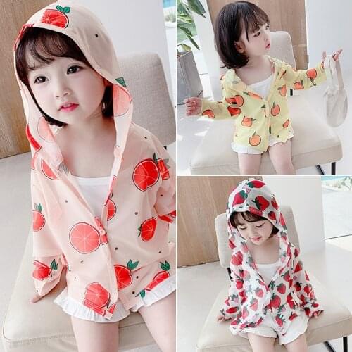 2020 Baby Girls Fruits Floral Sun Protection Cardigan Clothing UV-Proof Thin Jacket Button Toddler Kids Coats Hooded 2 to 8 yrs
