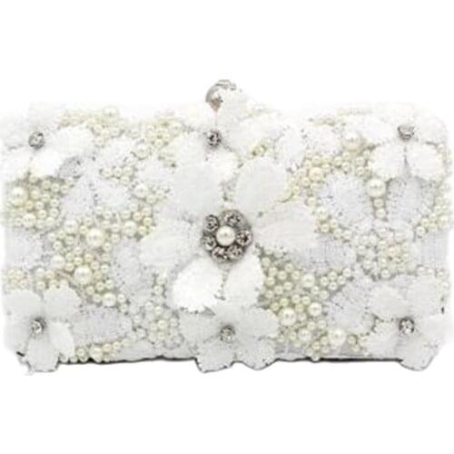 2020 handmade flowers evening bags white lace party dinner clutch purse bride beads embroidery wallets drop shipping MN1508