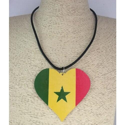 5pcs/lot!! Newest Senegal Flag Heart Wooden Pendant Necklace
