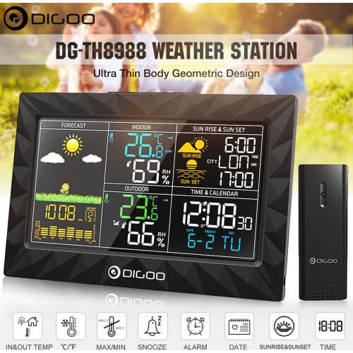 DIGOO DG-TH8988 LCD Indoor Outdoor Weather Station Thermometer Humidity Barometer Snooze Alarm Clock Sunrise Sunset Calendar
