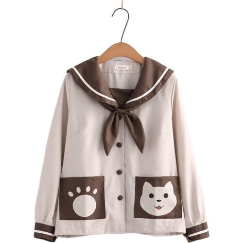 Harakuju Print Graphic Jackets Cartoon Single-breasted Bow Coats 2021 Autumn Full Sleeve Sailor Collar Kawaii Pocket Outerwear