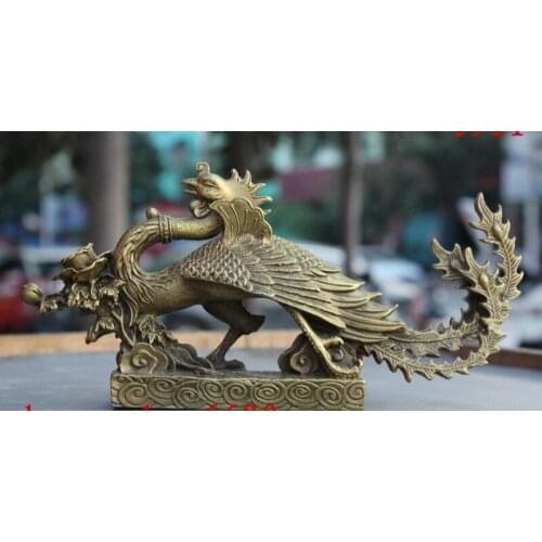 9" China JiXiang Brass Carved Beautiful Fly Phoenix Flower Auspicious Statue