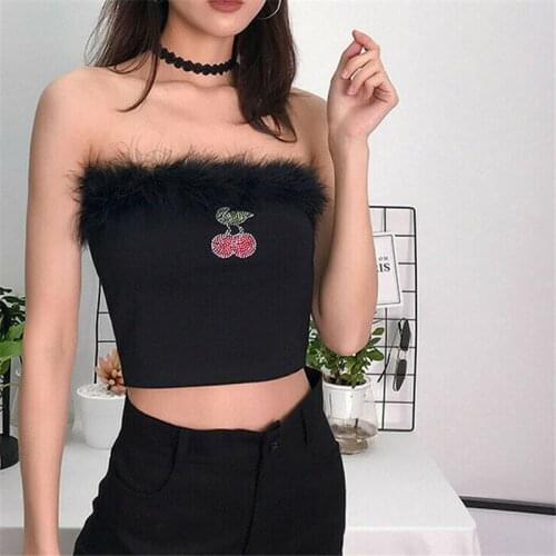 Summer New Fashion Ladies Bustier Off Shoulder Cherry Print Rhinestone Wrap Chest Sexy Women Feather Crop Tops Strapless Vest