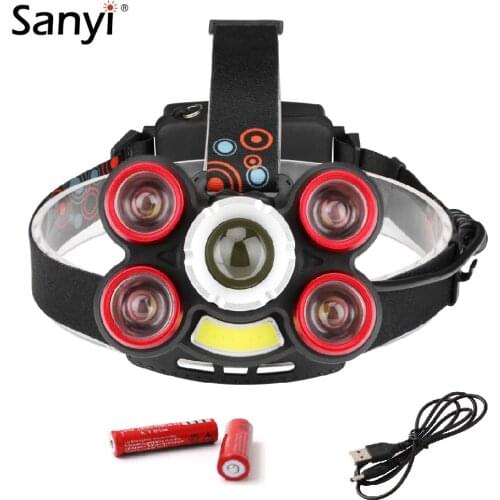 COB LED Zoomable Headlamp XML T6 5 Modes Head Flashlight Torch USB Rechargeable 18650 Head Light Forehead Lamp Fishing Headlight