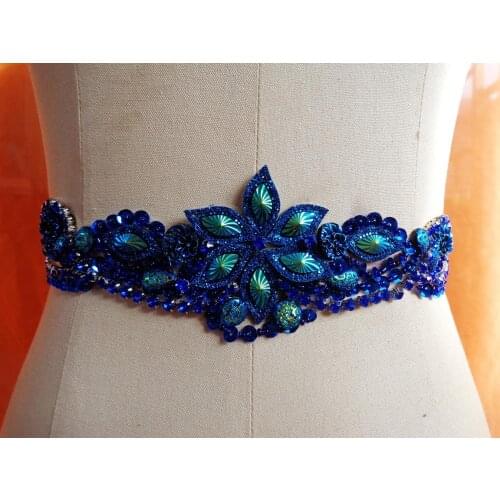Handmade deep blue rhinestones patches sew on crystal applique for dress skirt belt 32*7cm