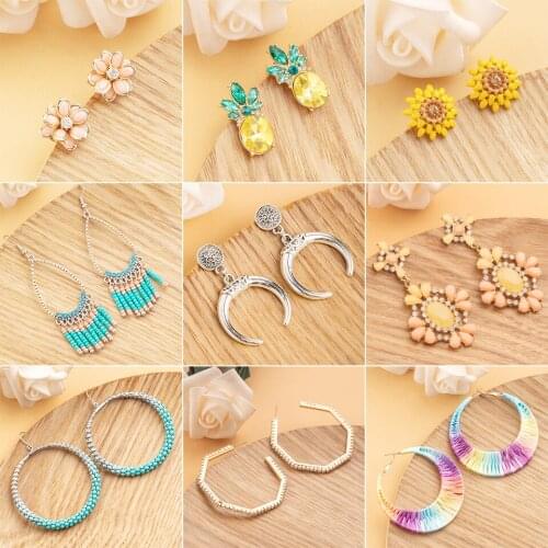 New Fashion Crystal Rhinestone Raffia Resin Dangle Earrings for Women Girl Flower Pineapple Moon Round Earring Drop Jewelry Gift