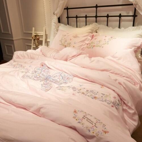 GY New Exquisite Embroidery 60 Long-Staple Cotton Satin Four-Piece Cotton Embroidered Pink Princess Bedding 1.8