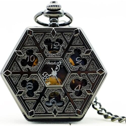 New Arrival Fashion Unique Glass Case Hollow Roman Number Hollow Skeleton Dial Hand-Wind Mechanical Pocket Watch With Chain