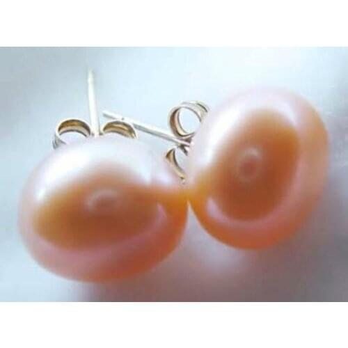 Charm genuine cultured 9-10mm pink flat pearl stud earring