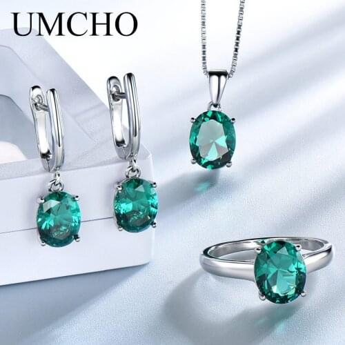 UMCHO Elegant 925 Sterling Silver Pendants Necklace Rings Earrings Nano Emerald Wedding Jewelry Sets For Women With Box Chain