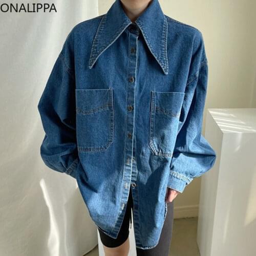 ONALIPPA Female Denim Shirt 2021 Autumn Korean Retro Chic Pointed Collar Single-Breasted Loose Large Pockets Washed Blue Blouses