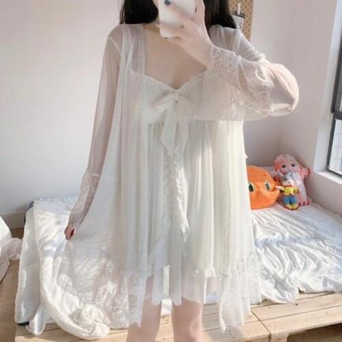 2021 Spring Summer Princess Style Nightdress Womens Sweet Home Clothes Ice Silk Sling Gowns 2Pcs Suit Lady Nightgown Sleepwear