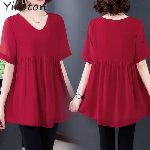 2021 Summer Loose Solid Red Blouse Casual Chiffon Womens Shirt Plus Size 5XL V-Neck Elegant Short Sleeve Blusa Camisas de Mujer