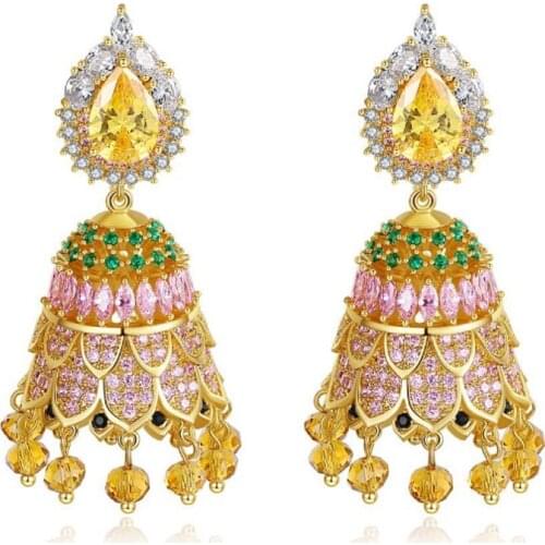 Zlxgirl jewelry peach water drop cubic zircon copper wedding earrings jewelry fine womens colorful stud earings bridal brinco