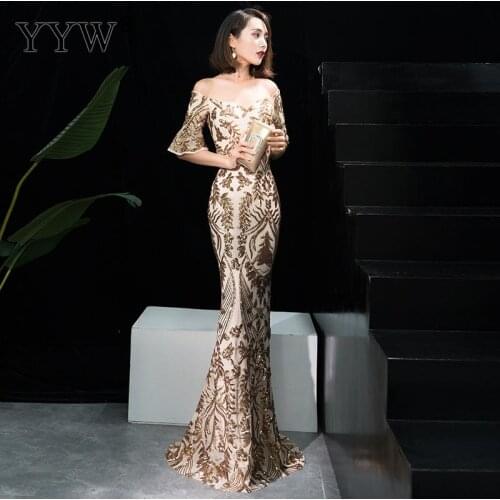 Gold Floral Sequin Off Shoulder Flare Sleeve Luxury Party Dress Women Long Sexy Formal Evening Gowns 2020 Elegant Bodycon Dress