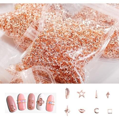 1000Pcs Nail Art Hollow Rivet Rose Gold Star Lips Leaf Matal Nail Art 3D Charms For Nail Art Accessories Slices Glitter Decals