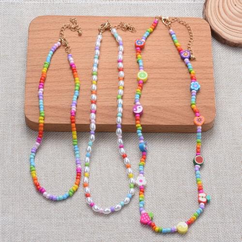 3 PCS/SET 2021 Bohemia Female Colorful Soft Ceramic Rice Beads Fruit Butterfly Stone Beaded Necklace Smiley Bear Pendant Strand