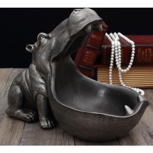 3D Hippo Statue Hippopotamus Sculpture Figurine Big Mouth Hippo Storage Box Desk Decoration Resin Art Sculpture Home Decor
