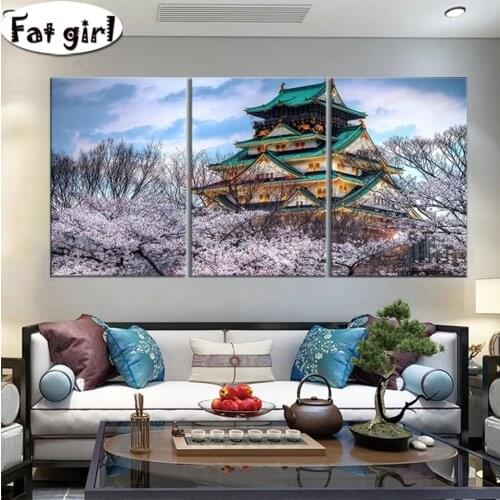 Diamond Embroidery Cherry Blossoms Osaka Castle 5D Diamond Painting Japanese Nature Scenery Cross Stitch Mosaic Home Decor Kits