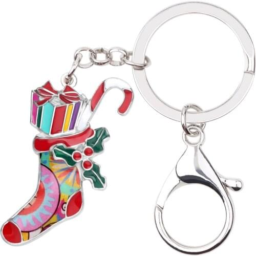 Bonsny Enamel Metal Christmas Stockings Socks Gift Box Key Chains Keychains Fashion Jewelry For Women Girl Teens Bag Party Party