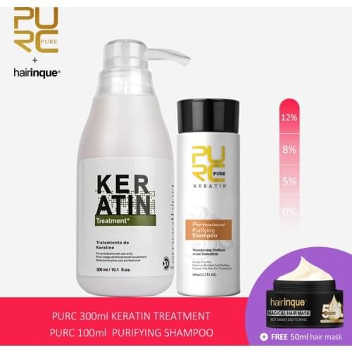 PURC 0% to 12% Brazilian Keratin Hair Treatment Smoothing Keratin Straightener Repair Curly Hair Products and Purifying Shampoo