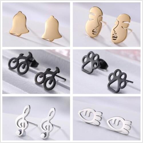 Teamer Stainless Steel Black Stud Earrings Jingle Bell Bike Dogs Paw Mask Music Notes Carrot Mini Earring for Women