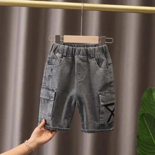 Children Short Jeans Boy Summer Shorts Staright Jeans Kid Baby Stretch Board Shorts Gray Shorts Denim Short Trousers Size:90-130
